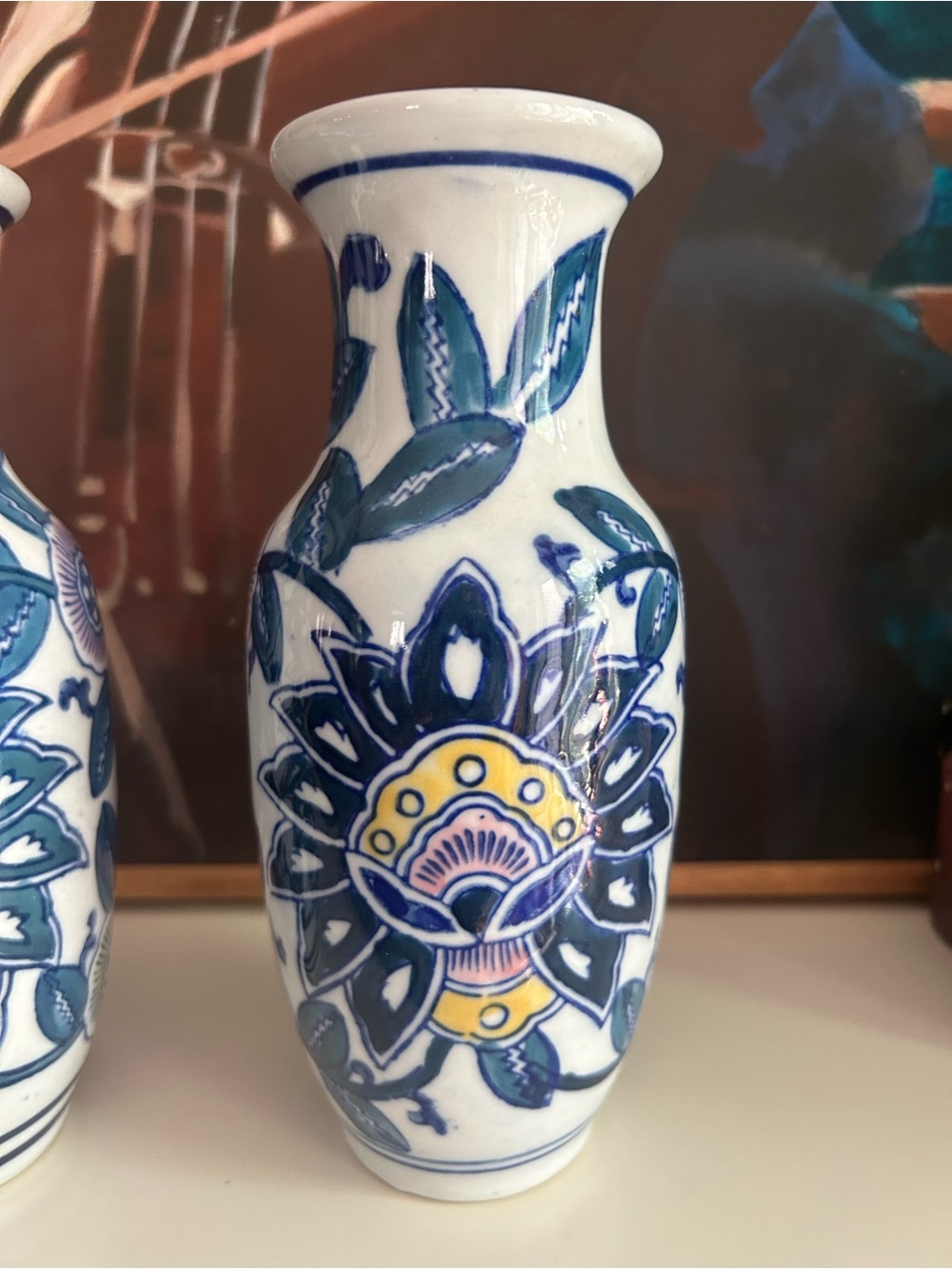 Pair Blue White Floral Ceramic Bud Vases Teal Pink Yellow Chinoiserie Decor - Picture 16 of 16